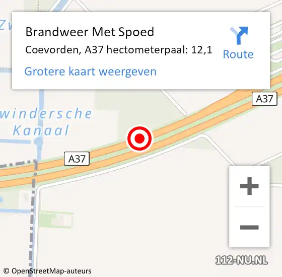 Locatie op kaart van de 112 melding: Brandweer Met Spoed Naar Coevorden, A37 hectometerpaal: 12,1 op 30 juni 2022 06:28