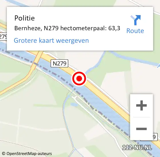 Locatie op kaart van de 112 melding: Politie Bernheze, N279 hectometerpaal: 63,3 op 30 juni 2022 07:12