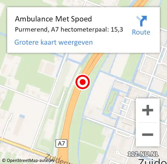 Locatie op kaart van de 112 melding: Ambulance Met Spoed Naar Purmerend, A7 hectometerpaal: 15,3 op 30 juni 2022 07:44