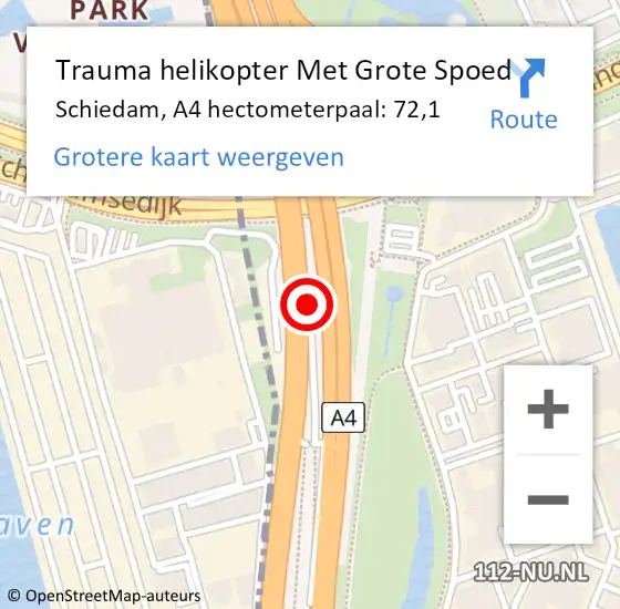 Locatie op kaart van de 112 melding: Trauma helikopter Met Grote Spoed Naar Schiedam, A4 hectometerpaal: 72,1 op 30 juni 2022 08:05