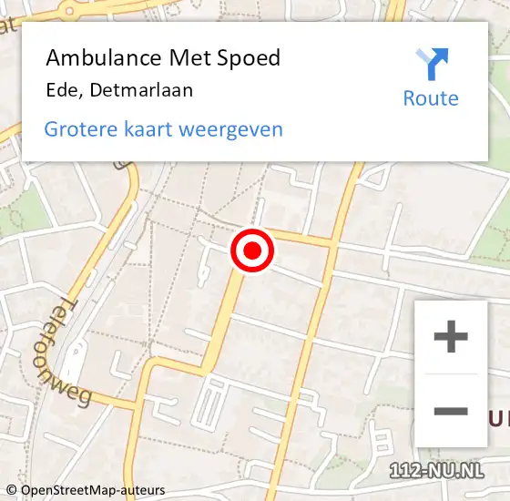 Locatie op kaart van de 112 melding: Ambulance Met Spoed Naar Ede, Detmarlaan op 30 juni 2022 08:47