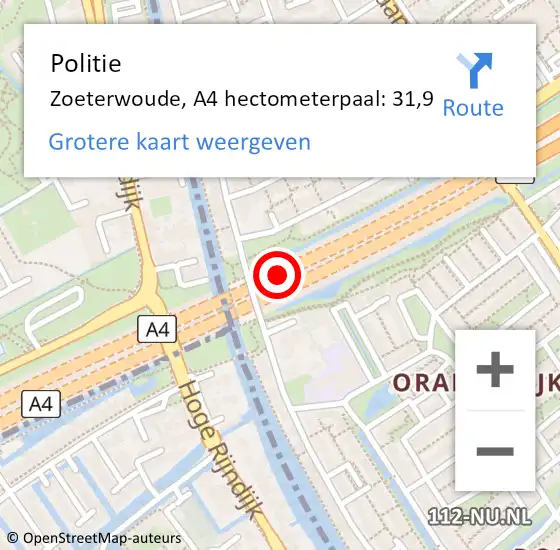 Locatie op kaart van de 112 melding: Politie Zoeterwoude, A4 hectometerpaal: 31,9 op 30 juni 2022 08:48
