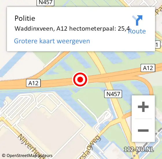 Locatie op kaart van de 112 melding: Politie Waddinxveen, A12 hectometerpaal: 25,4 op 30 juni 2022 10:10