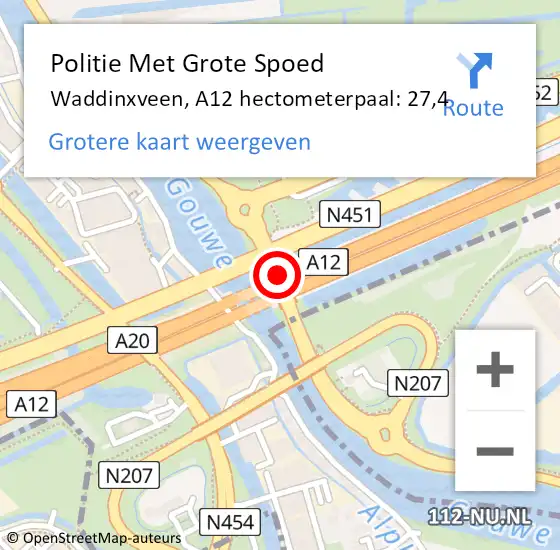 Locatie op kaart van de 112 melding: Politie Met Grote Spoed Naar Waddinxveen, A12 hectometerpaal: 27,4 op 30 juni 2022 10:11