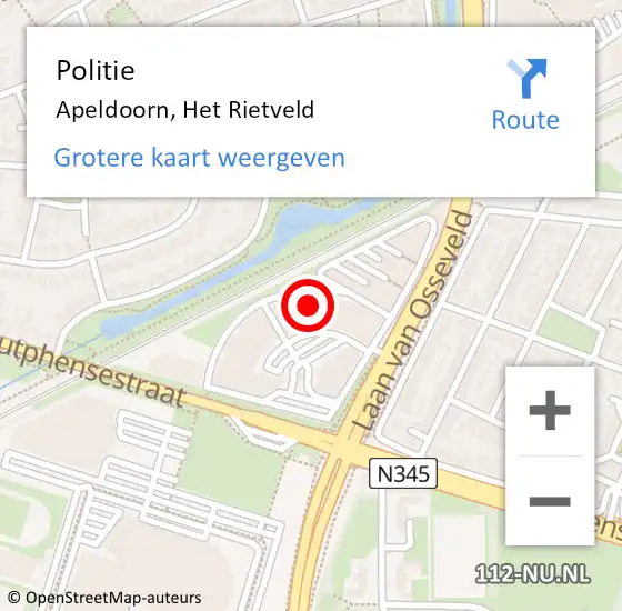 Locatie op kaart van de 112 melding: Politie Apeldoorn, Het Rietveld op 30 juni 2022 10:29