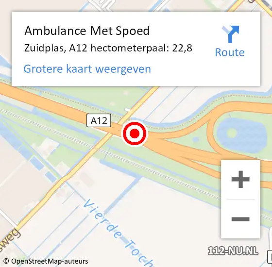 Locatie op kaart van de 112 melding: Ambulance Met Spoed Naar Zuidplas, A12 hectometerpaal: 22,8 op 30 juni 2022 11:23