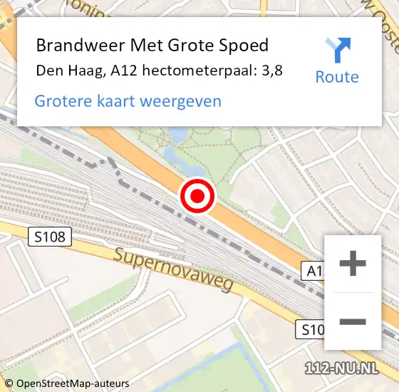 Locatie op kaart van de 112 melding: Brandweer Met Grote Spoed Naar Den Haag, A12 hectometerpaal: 3,8 op 30 juni 2022 11:48