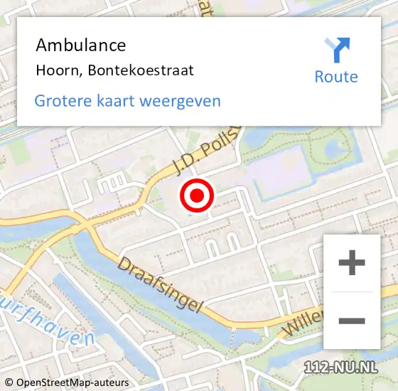 Locatie op kaart van de 112 melding: Ambulance Hoorn, Bontekoestraat op 30 juni 2022 14:13