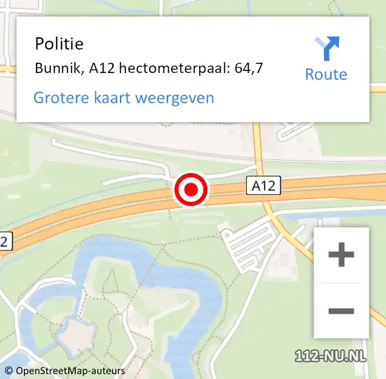 Locatie op kaart van de 112 melding: Politie Bunnik, A12 hectometerpaal: 64,7 op 30 juni 2022 14:41