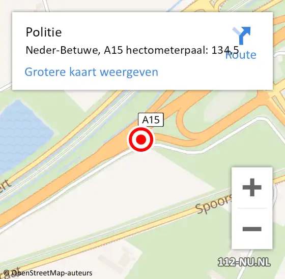 Locatie op kaart van de 112 melding: Politie Neder-Betuwe, A15 hectometerpaal: 134,5 op 30 juni 2022 16:06