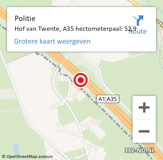 Locatie op kaart van de 112 melding: Politie Hof van Twente, A35 hectometerpaal: 52,9 op 30 juni 2022 16:26