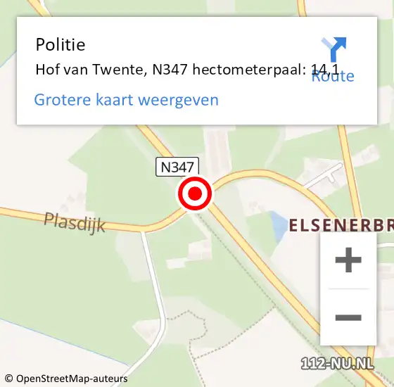 Locatie op kaart van de 112 melding: Politie Hof van Twente, N347 hectometerpaal: 14,1 op 30 juni 2022 17:17