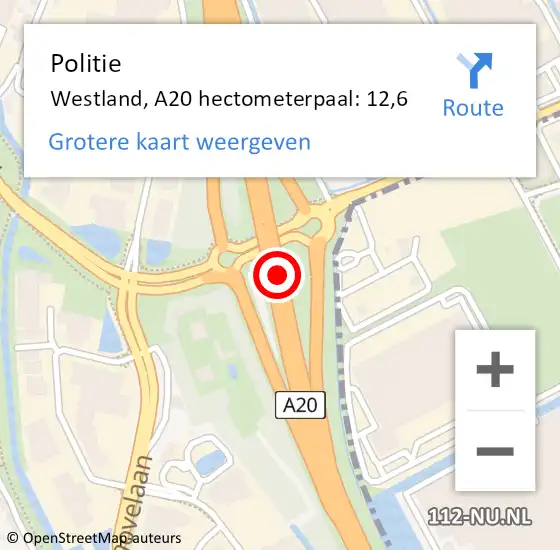 Locatie op kaart van de 112 melding: Politie Westland, A20 hectometerpaal: 12,6 op 30 juni 2022 17:43