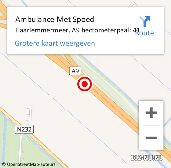 Locatie op kaart van de 112 melding: Ambulance Met Spoed Naar Haarlemmermeer, A9 hectometerpaal: 41 op 30 juni 2022 18:55