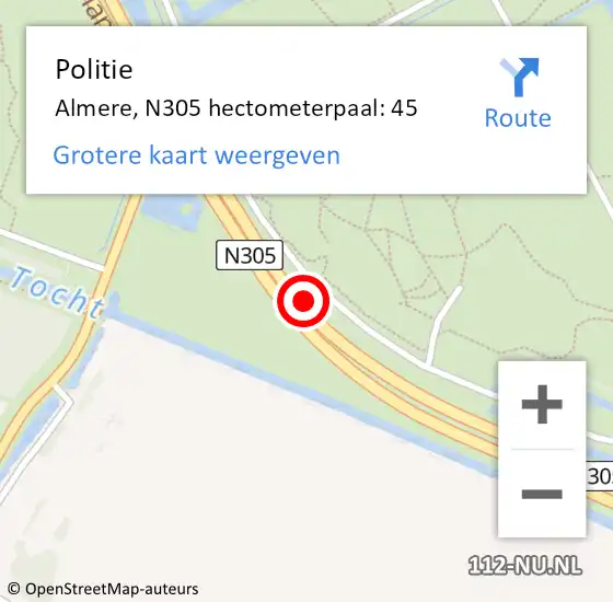 Locatie op kaart van de 112 melding: Politie Almere, N305 hectometerpaal: 45 op 30 juni 2022 21:14