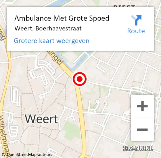 Locatie op kaart van de 112 melding: Ambulance Met Grote Spoed Naar Weert, Boerhaavestraat op 30 juni 2022 22:02