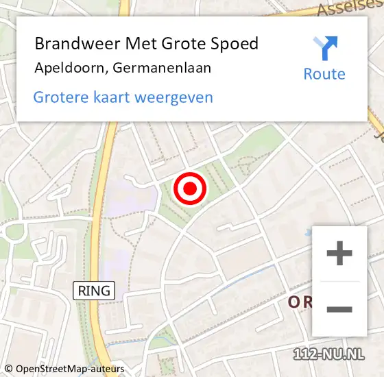 Locatie op kaart van de 112 melding: Brandweer Met Grote Spoed Naar Apeldoorn, Germanenlaan op 30 juni 2022 23:41