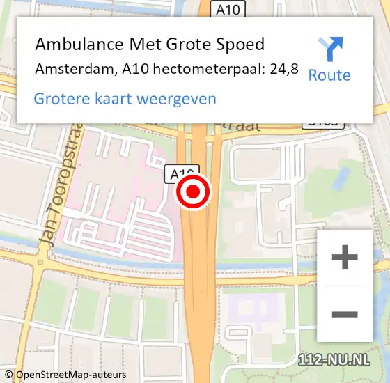 Locatie op kaart van de 112 melding: Ambulance Met Grote Spoed Naar Amsterdam, A10 hectometerpaal: 24,8 op 1 juli 2022 00:15