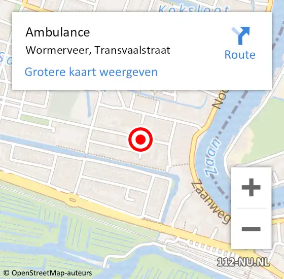 Locatie op kaart van de 112 melding: Ambulance Wormerveer, Transvaalstraat op 1 juli 2022 01:42
