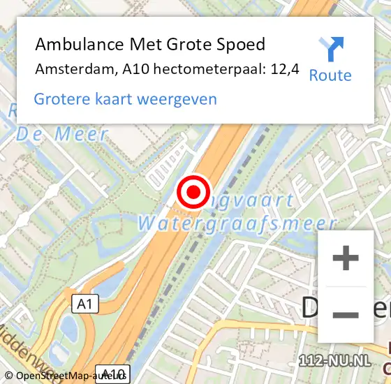 Locatie op kaart van de 112 melding: Ambulance Met Grote Spoed Naar Amsterdam, A10 hectometerpaal: 12,4 op 1 juli 2022 10:33