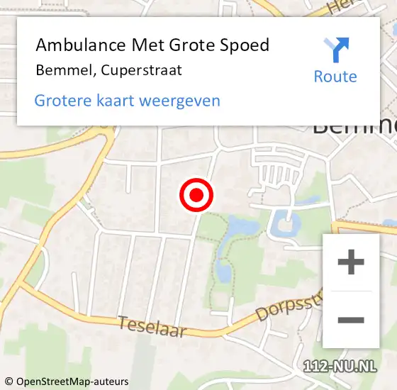 Locatie op kaart van de 112 melding: Ambulance Met Grote Spoed Naar Bemmel, Cuperstraat op 1 juli 2022 11:12