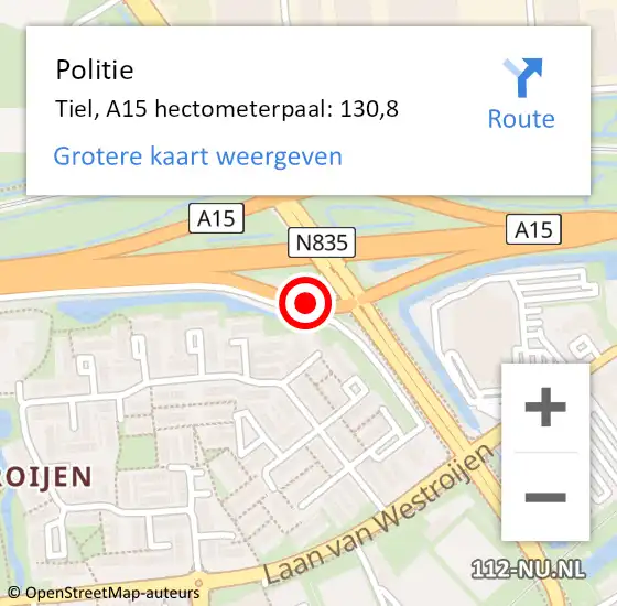 Locatie op kaart van de 112 melding: Politie Tiel, A15 hectometerpaal: 130,8 op 1 juli 2022 11:23