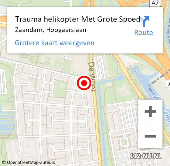 Locatie op kaart van de 112 melding: Trauma helikopter Met Grote Spoed Naar Zaandam, Hoogaarslaan op 1 juli 2022 12:42