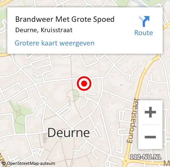 Locatie op kaart van de 112 melding: Brandweer Met Grote Spoed Naar Deurne, Kruisstraat op 1 juli 2022 13:13