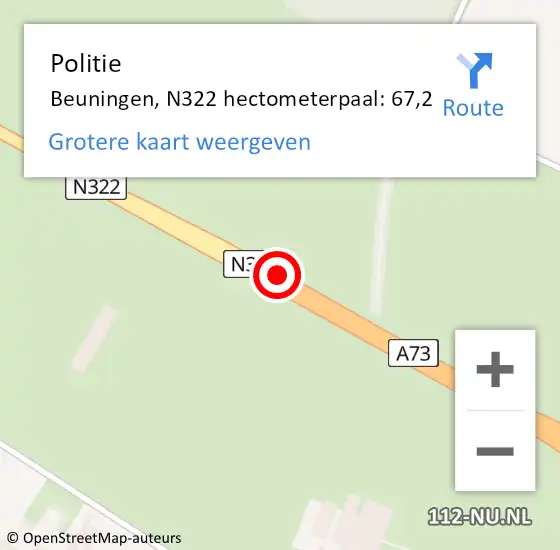 Locatie op kaart van de 112 melding: Politie Beuningen, N322 hectometerpaal: 67,2 op 1 juli 2022 13:57