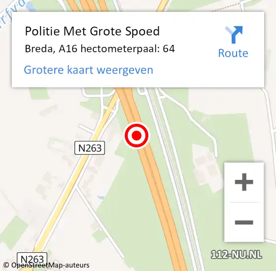 Locatie op kaart van de 112 melding: Politie Met Grote Spoed Naar Breda, A16 hectometerpaal: 64 op 1 juli 2022 14:39