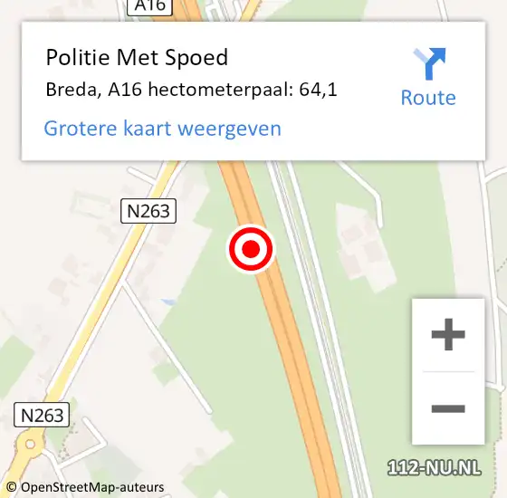 Locatie op kaart van de 112 melding: Politie Met Spoed Naar Breda, A16 hectometerpaal: 64,1 op 1 juli 2022 14:39