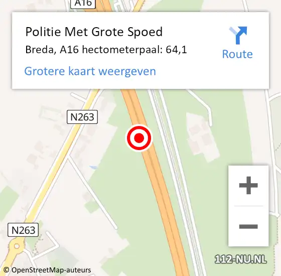 Locatie op kaart van de 112 melding: Politie Met Grote Spoed Naar Breda, A16 hectometerpaal: 64,1 op 1 juli 2022 14:39