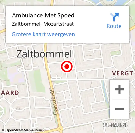 Locatie op kaart van de 112 melding: Ambulance Met Spoed Naar Zaltbommel, Mozartstraat op 1 juli 2022 15:05