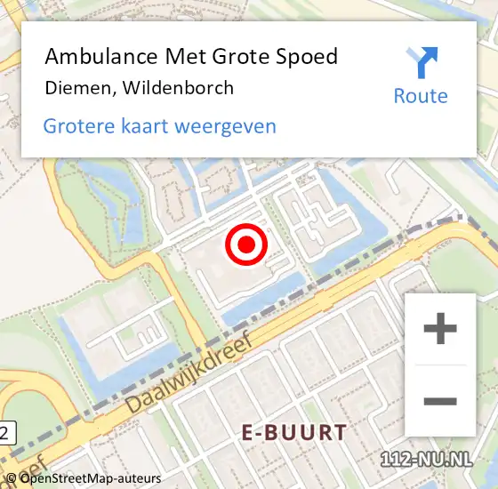 Locatie op kaart van de 112 melding: Ambulance Met Grote Spoed Naar Diemen, Wildenborch op 1 juli 2022 15:06