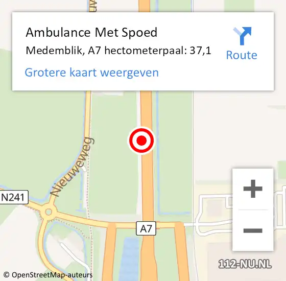 Locatie op kaart van de 112 melding: Ambulance Met Spoed Naar Medemblik, A7 hectometerpaal: 37,1 op 1 juli 2022 16:27