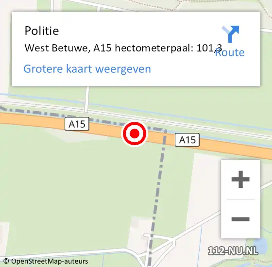 Locatie op kaart van de 112 melding: Politie West Betuwe, A15 hectometerpaal: 101,3 op 1 juli 2022 16:43