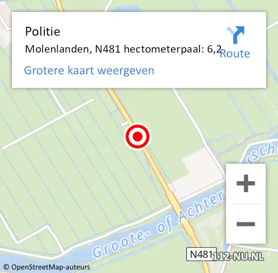Locatie op kaart van de 112 melding: Politie Molenlanden, N481 hectometerpaal: 6,2 op 1 juli 2022 17:05