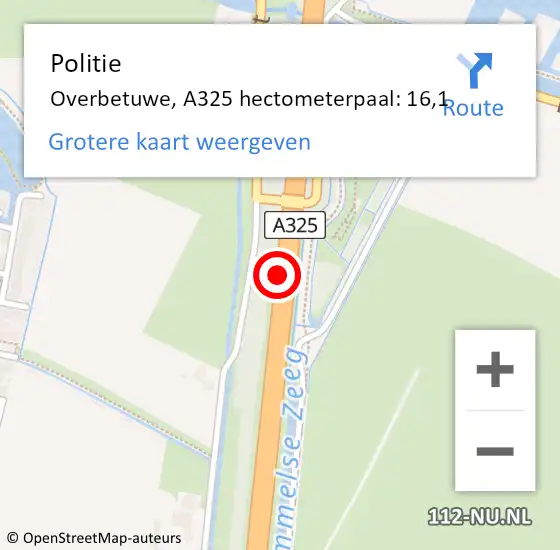 Locatie op kaart van de 112 melding: Politie Overbetuwe, A325 hectometerpaal: 16,1 op 1 juli 2022 18:24
