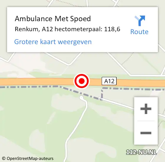 Locatie op kaart van de 112 melding: Ambulance Met Spoed Naar Renkum, A12 hectometerpaal: 118,6 op 1 juli 2022 18:31