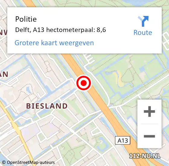 Locatie op kaart van de 112 melding: Politie Delft, A13 hectometerpaal: 8,6 op 1 juli 2022 18:36