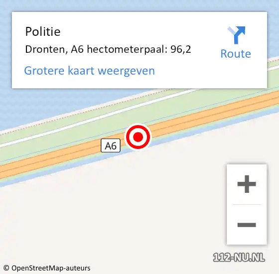 Locatie op kaart van de 112 melding: Politie Dronten, A6 hectometerpaal: 96,2 op 1 juli 2022 18:48