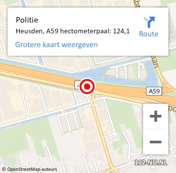 Locatie op kaart van de 112 melding: Politie Heusden, A59 hectometerpaal: 124,1 op 1 juli 2022 19:07