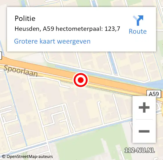 Locatie op kaart van de 112 melding: Politie Heusden, A59 hectometerpaal: 123,7 op 1 juli 2022 19:07