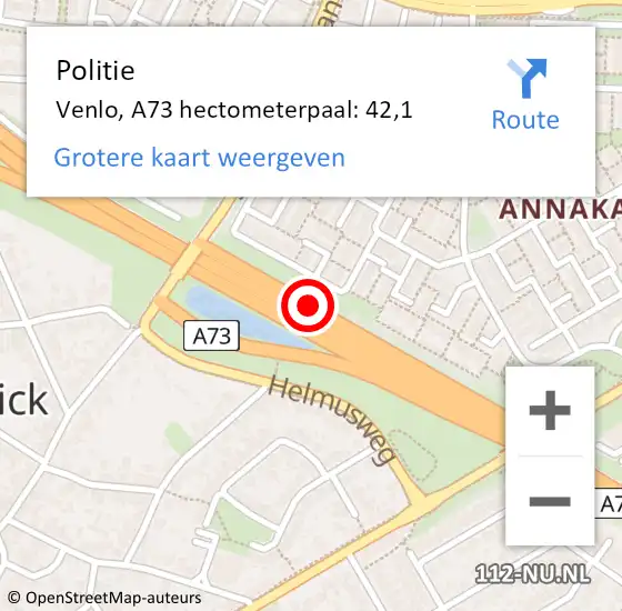 Locatie op kaart van de 112 melding: Politie Venlo, A73 hectometerpaal: 42,1 op 1 juli 2022 21:21