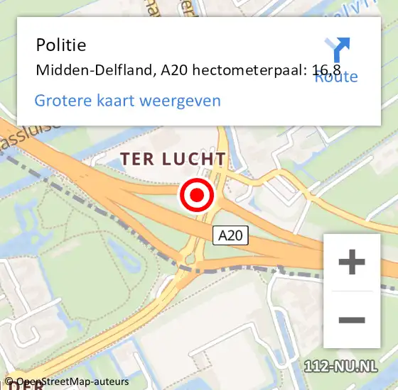 Locatie op kaart van de 112 melding: Politie Midden-Delfland, A20 hectometerpaal: 16,8 op 1 juli 2022 21:40