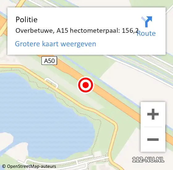 Locatie op kaart van de 112 melding: Politie Overbetuwe, A15 hectometerpaal: 156,2 op 2 juli 2022 02:34