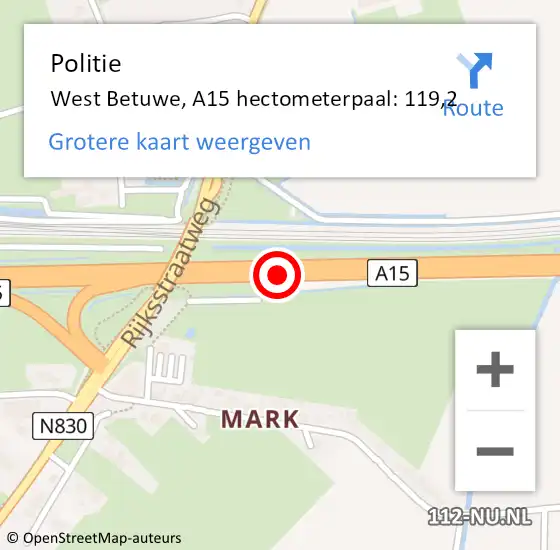 Locatie op kaart van de 112 melding: Politie West Betuwe, A15 hectometerpaal: 119,2 op 2 juli 2022 05:25