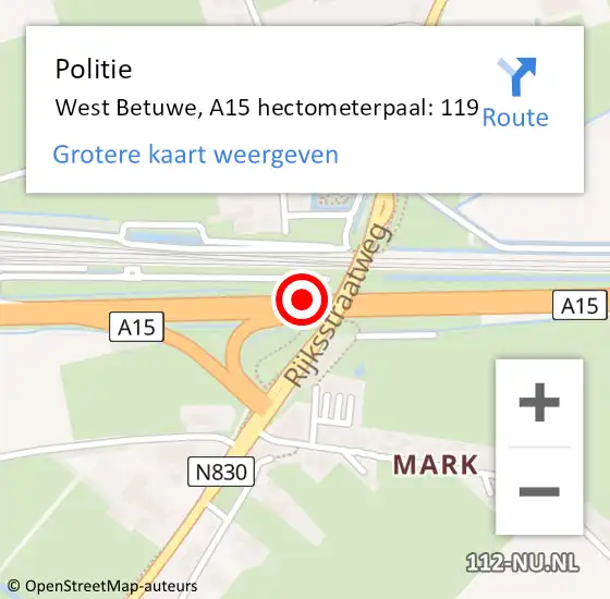 Locatie op kaart van de 112 melding: Politie West Betuwe, A15 hectometerpaal: 119 op 2 juli 2022 05:35