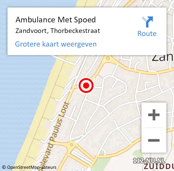 Locatie op kaart van de 112 melding: Ambulance Met Spoed Naar Zandvoort, Thorbeckestraat op 2 juli 2022 05:50