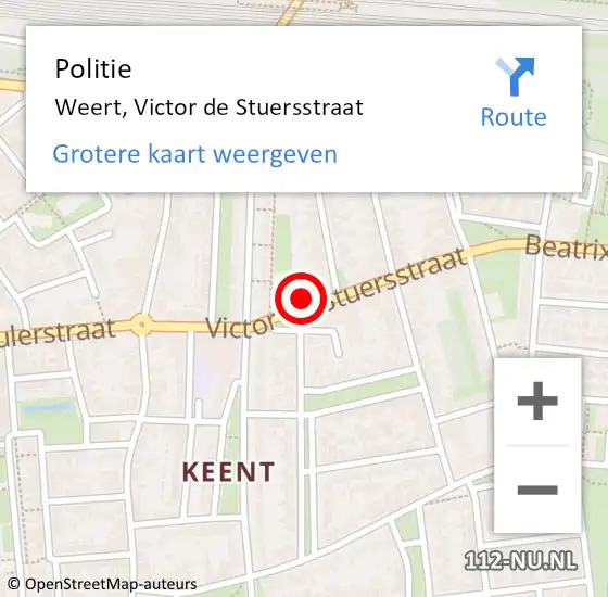 Locatie op kaart van de 112 melding: Politie Weert, Victor de Stuersstraat op 2 juli 2022 08:01